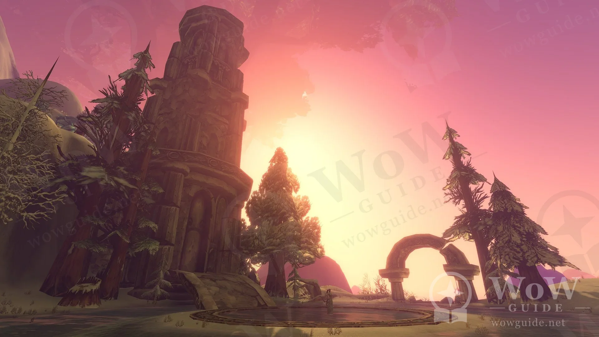 Ruins and a stone arch under a pink sky from the new raids