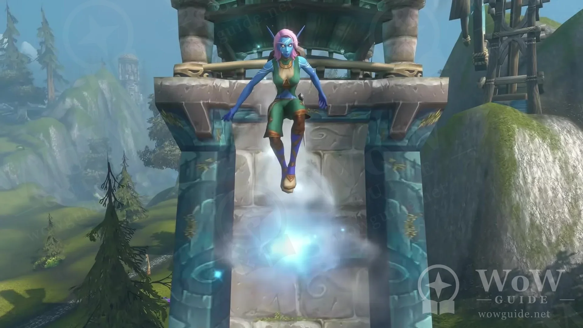 A Skyborne character sitting on top of a stone tower above a glowing blue light