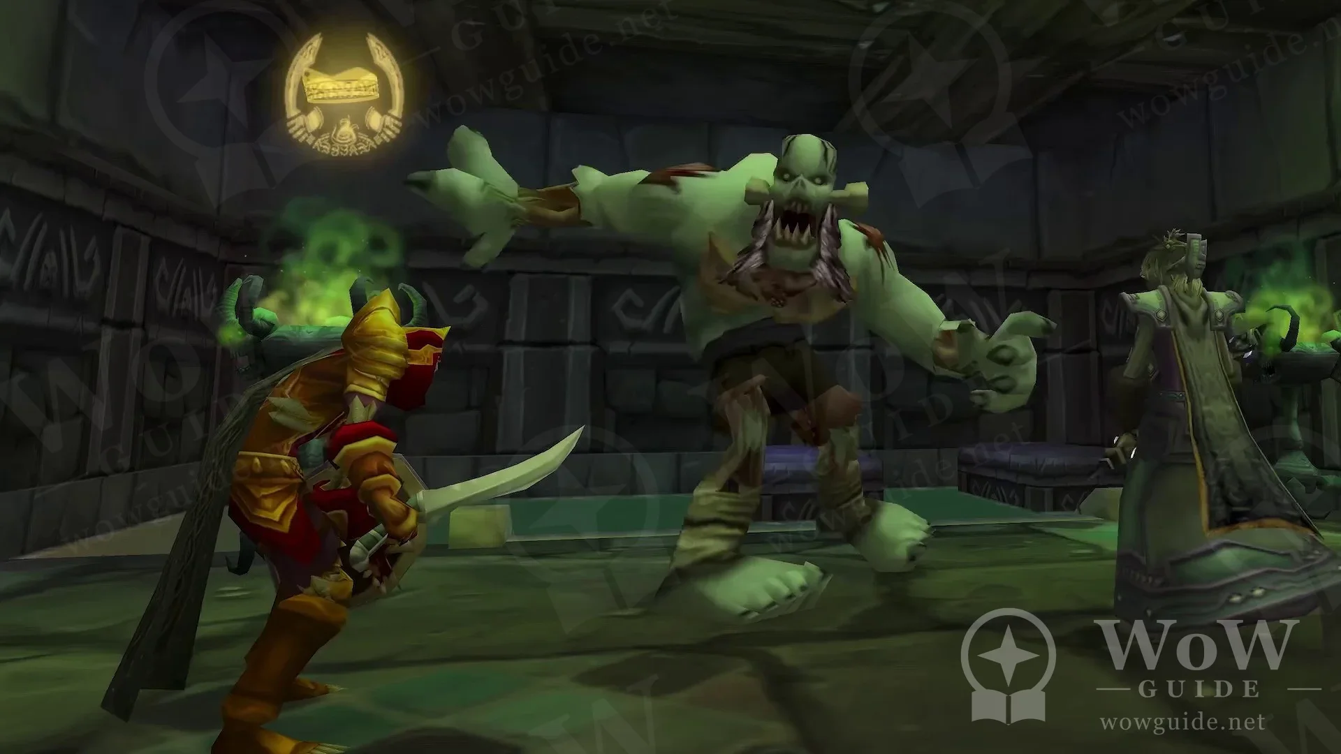 A paladin in gold armor faces a hulking green abomination in a stone dungeon, a robed ally on the right