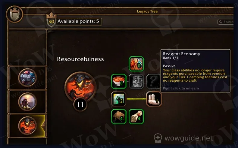 Legacy Tree window showing the Resourcefulness tree and the Reagent Economy perk