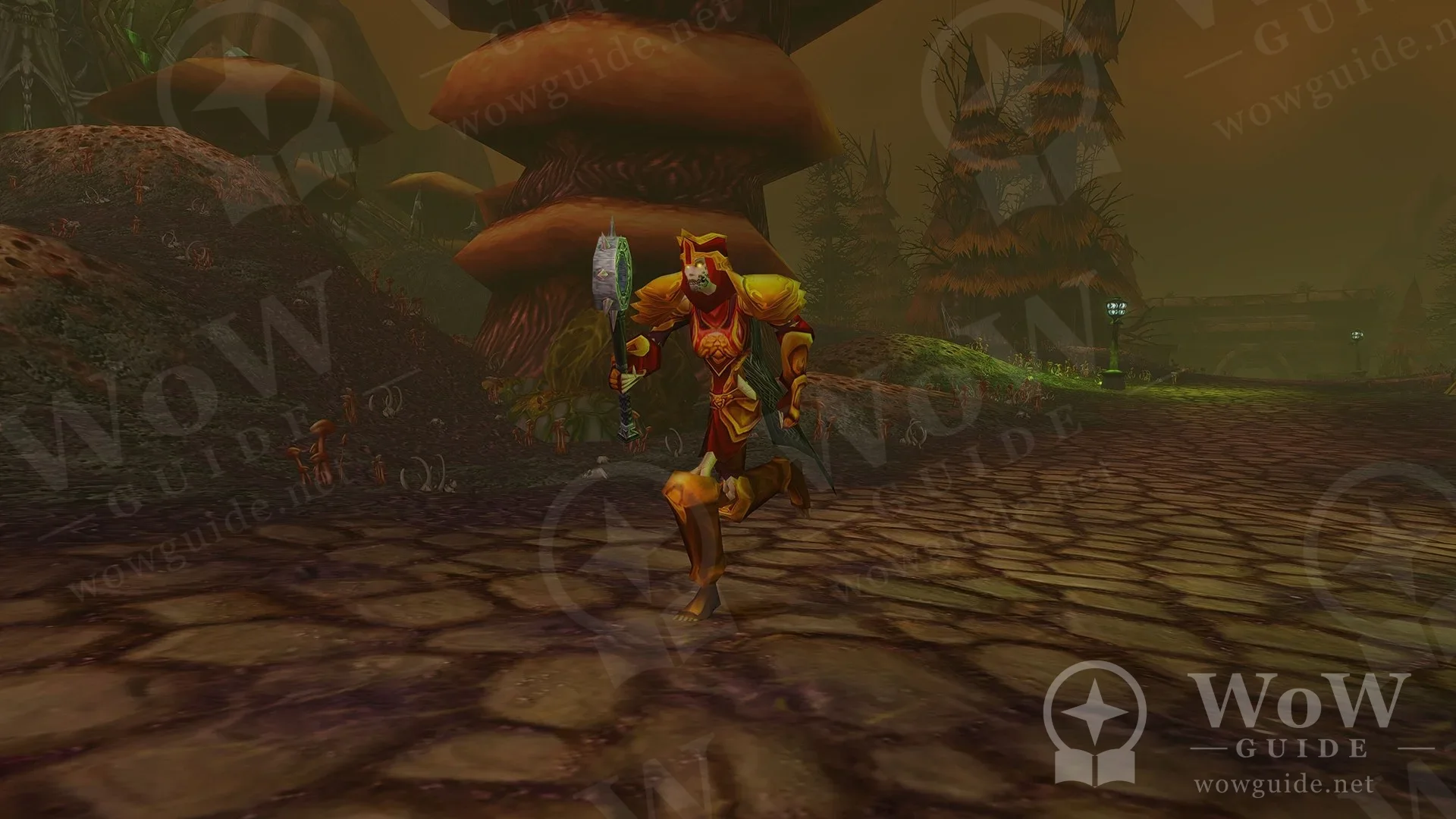Armoured character running through a forest of giant mushrooms