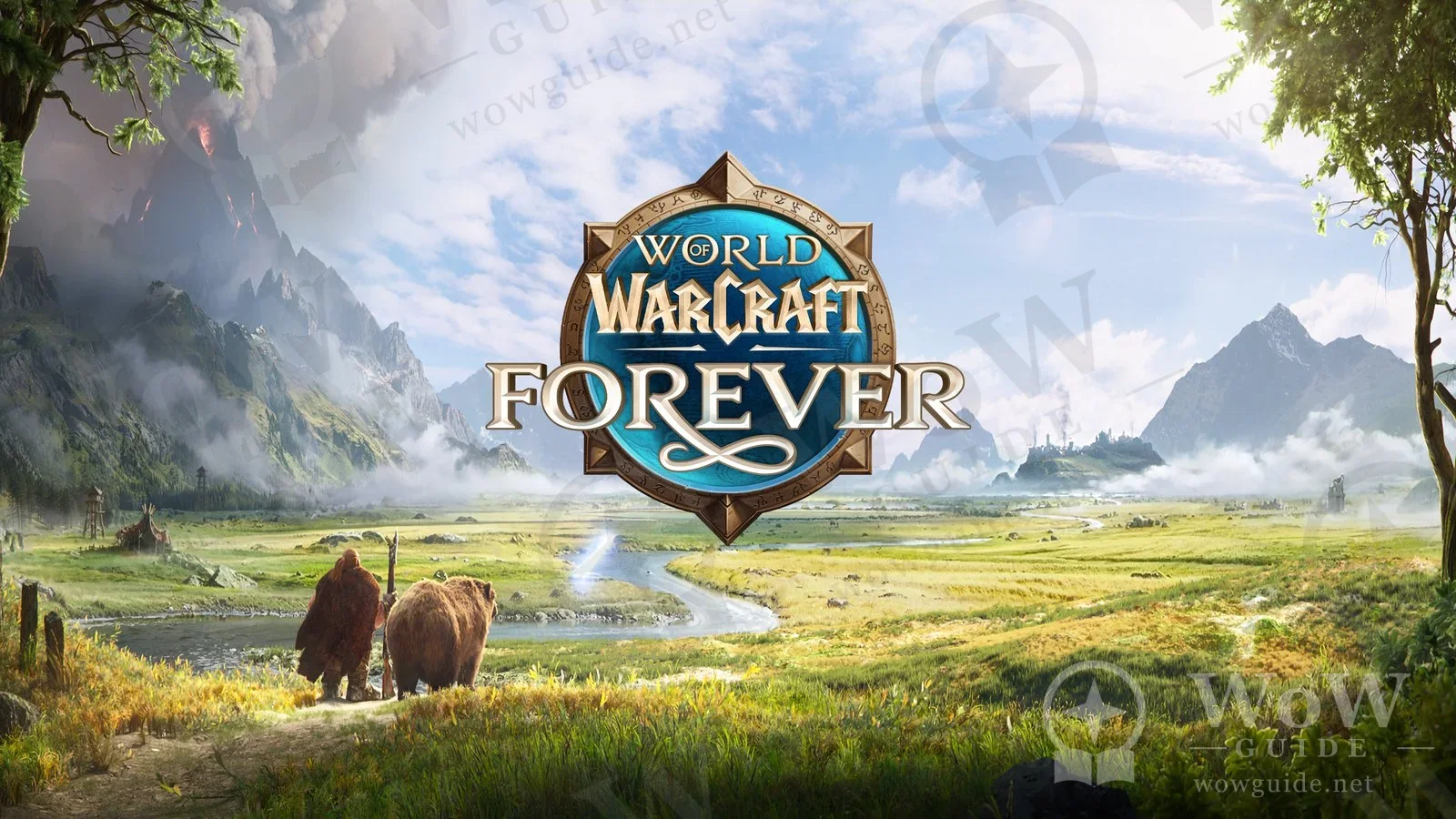 WoW Forever logosu; önde bir ayıyla yürüyen karakter, arkada nehir, dağlar ve volkan