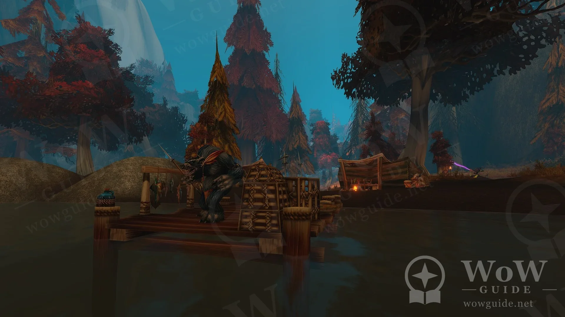 Wooden pier and tower standing in water from one of the new dungeons
