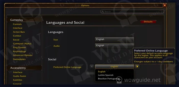 Options menu showing the Preferred Online Language setting and language list