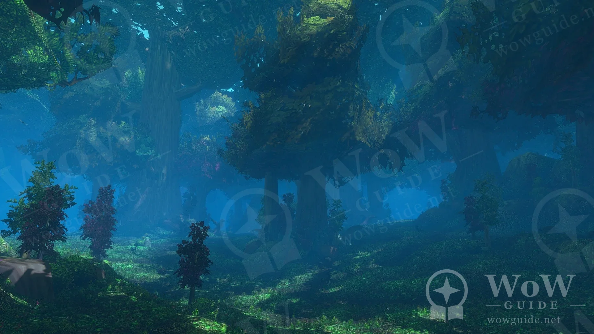 In-game shot of a moonlit forest with huge blue-lit trees