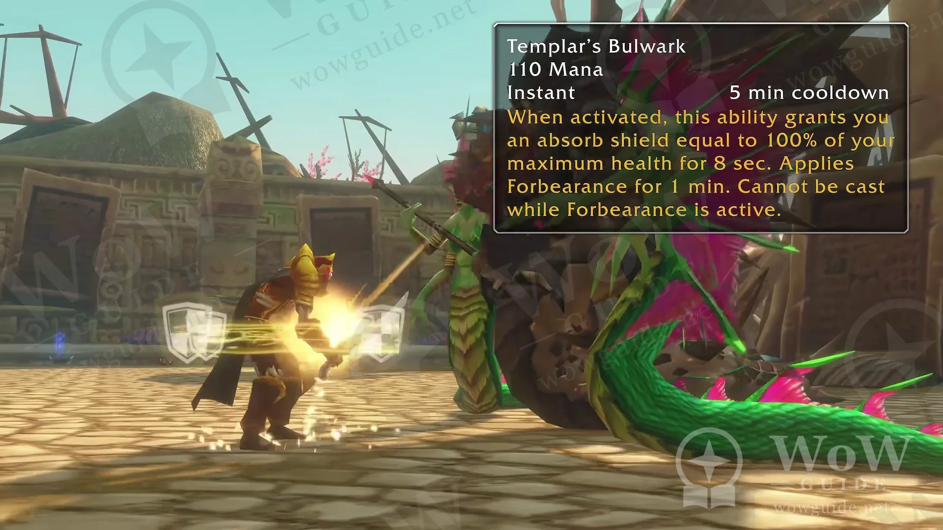 Templar's Bulwark tooltip: 110 mana, instant, 5 min cooldown, absorb shield equal to 100% of maximum health for 8 sec