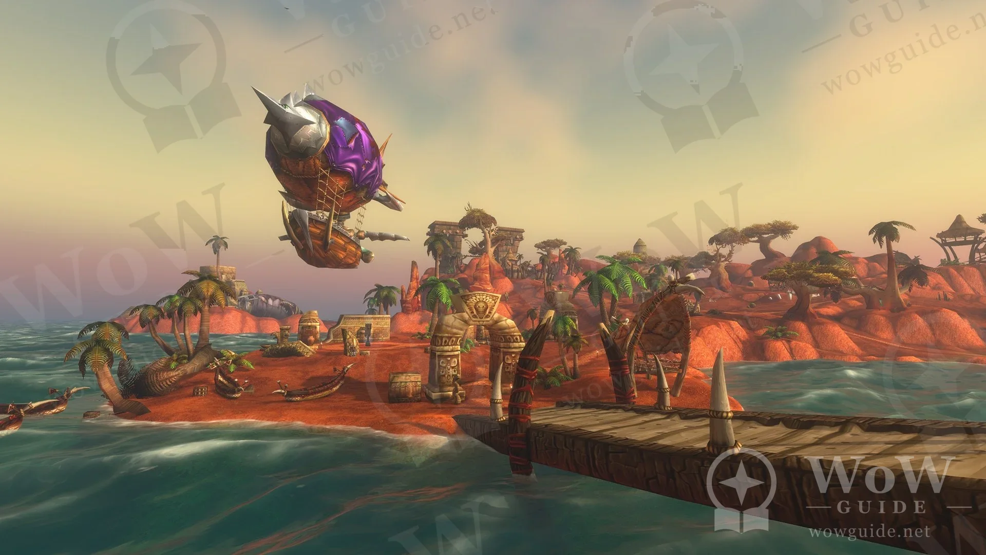 Palmiyeli sahil, iskele ve goblin zeplini, Darkspear Islands görüntüsü