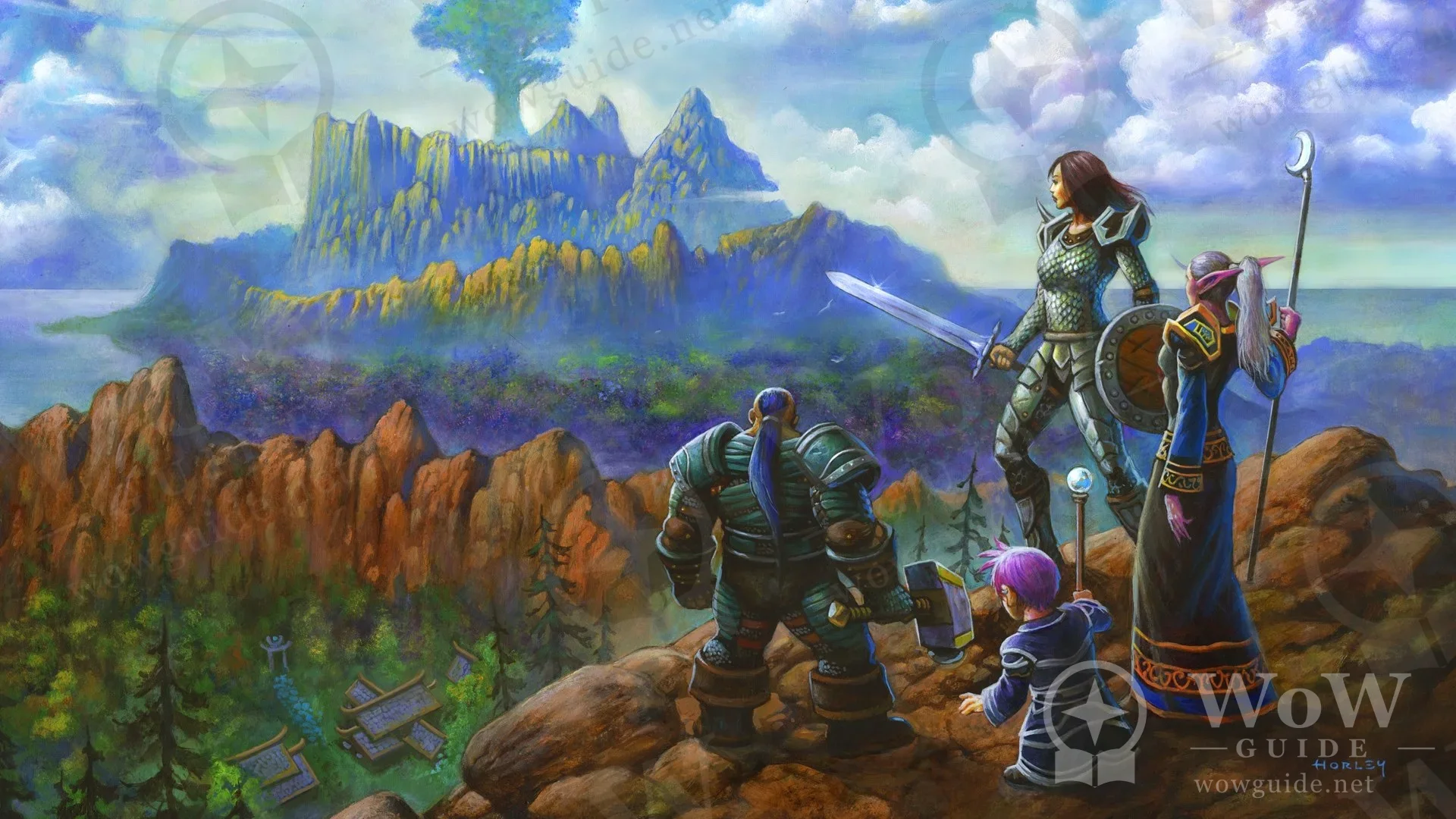Official painting of Alliance characters looking out from a rocky hill
