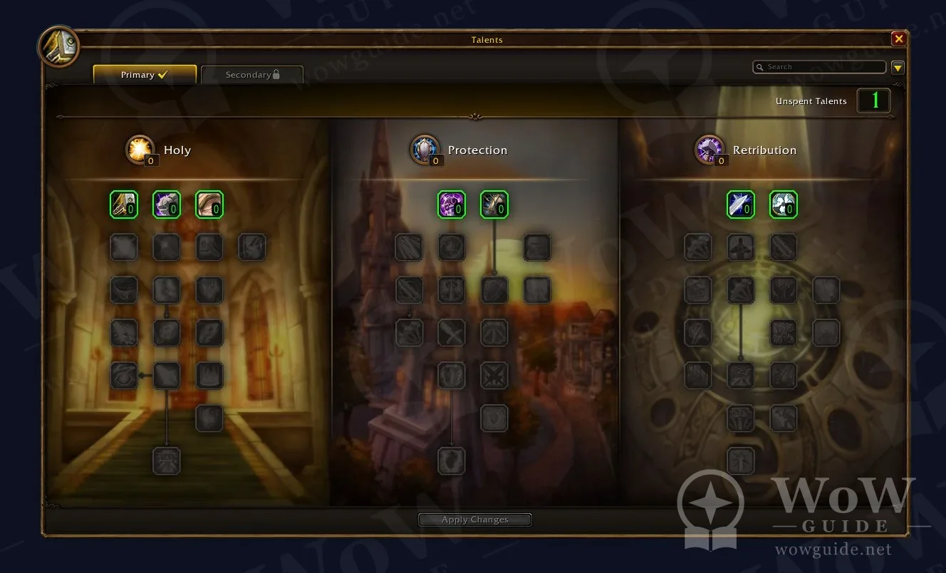 Paladin talent window with Holy, Protection and Retribution trees