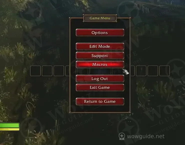 The Game Menu with Options, Edit Mode, Support, Macros, Log Out, Exit Game and Return to Game buttons