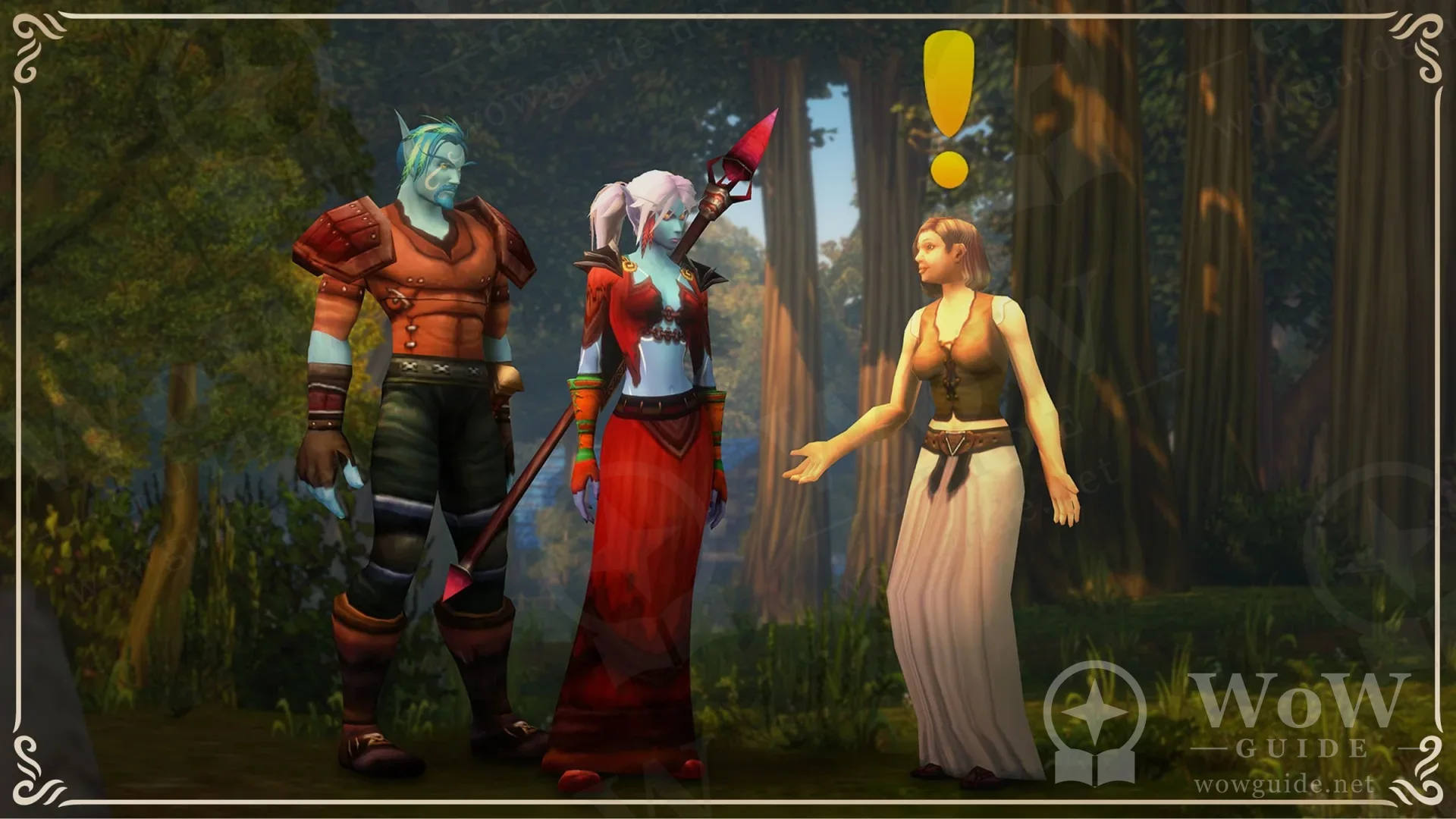 Two player characters talking to a quest giver