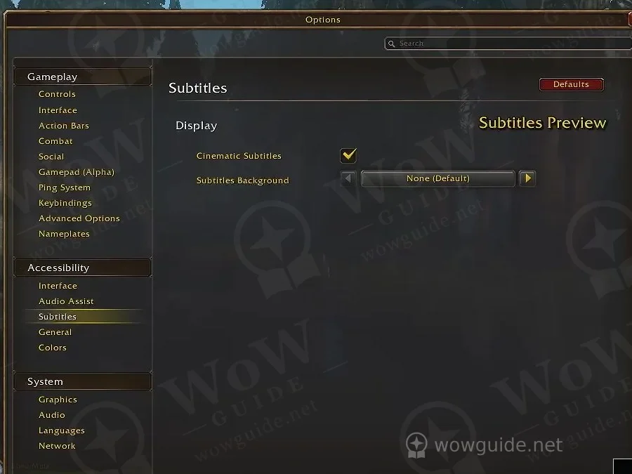 The Options window with Gameplay, Accessibility and System categories (including Languages) on the left and Subtitles settings on the right