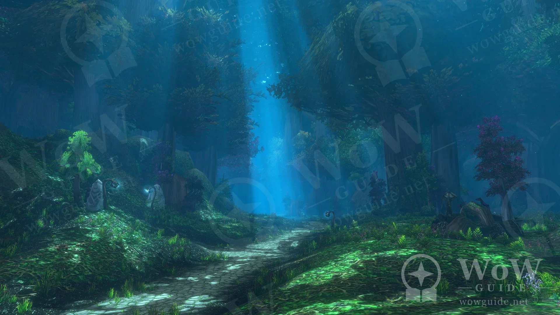 Light rays falling on water in a blue forest, updated visuals
