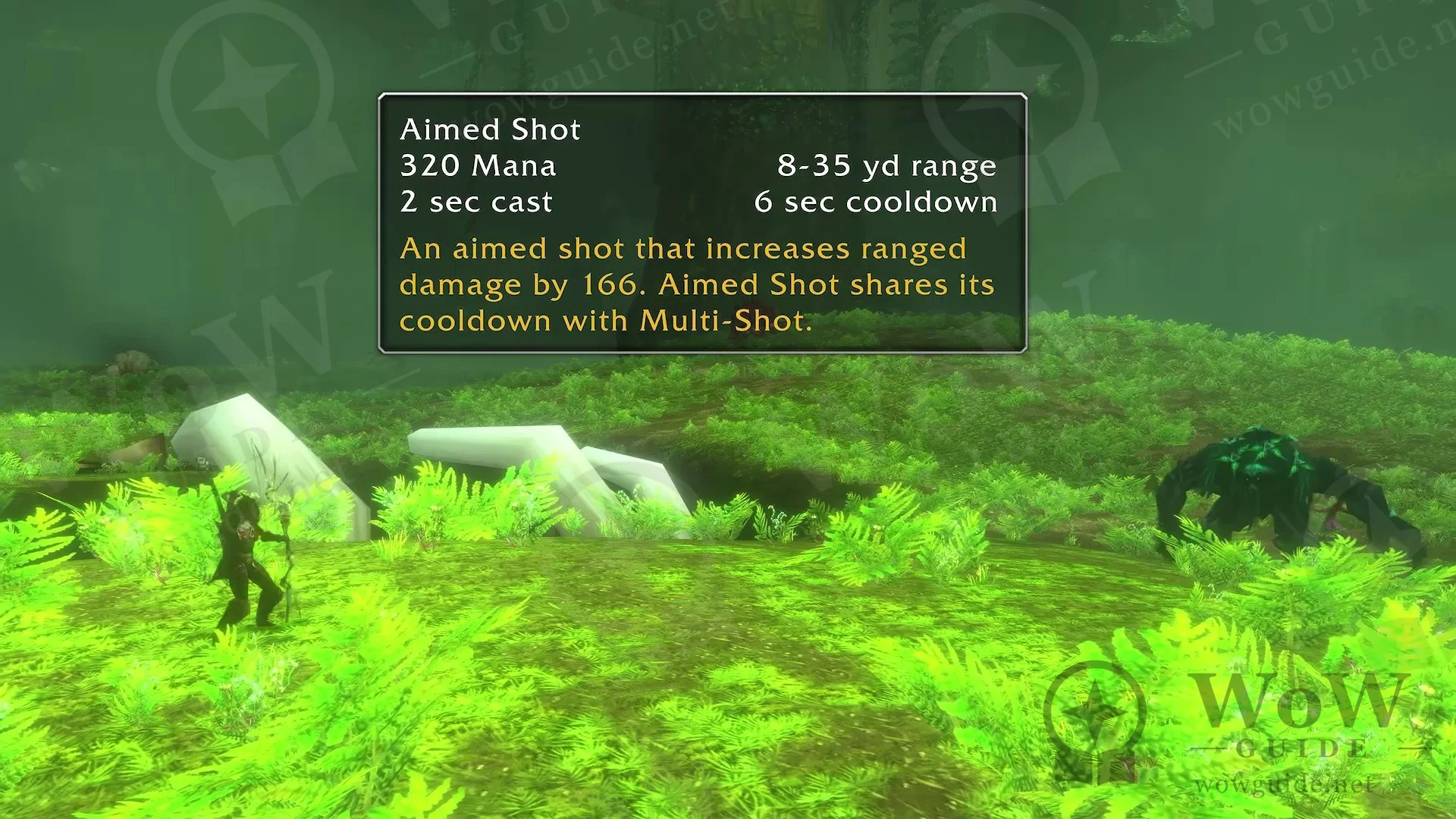 WoW Forever'da Aimed Shot açıklaması: 320 mana, 2 sn cast, 8–35 yarda menzil, 6 sn bekleme, Multi-Shot ile ortak bekleme