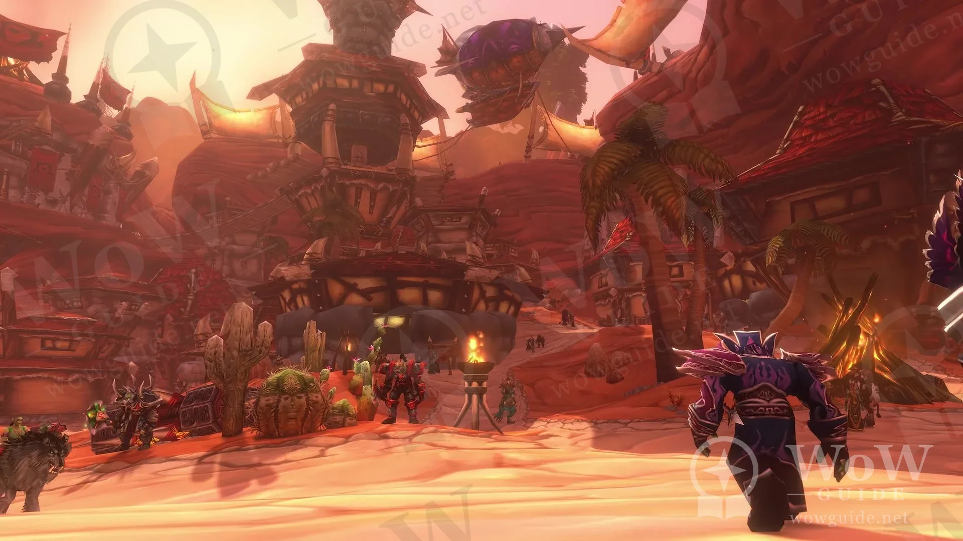 A red-toned city with an armoured character walking in front and players on mounts