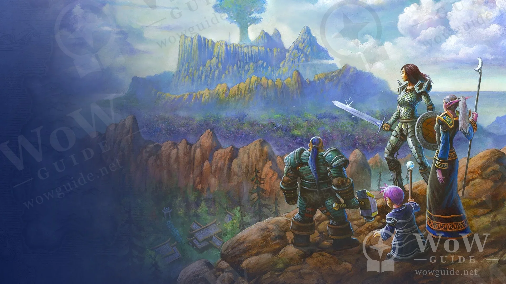 Official painting of a dwarf, gnome, human and night elf on a cliff looking toward a distant giant tree