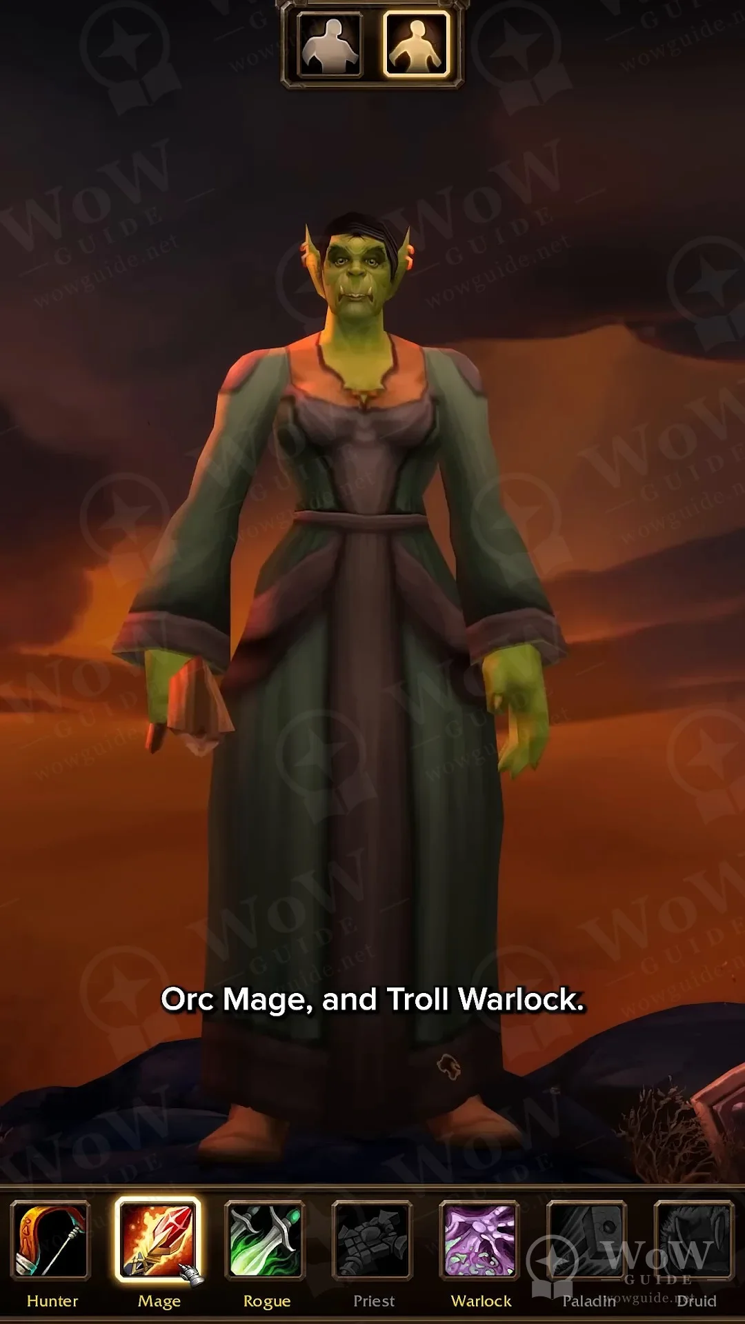 A robed female Orc in character creation with Mage selected on the class bar below
