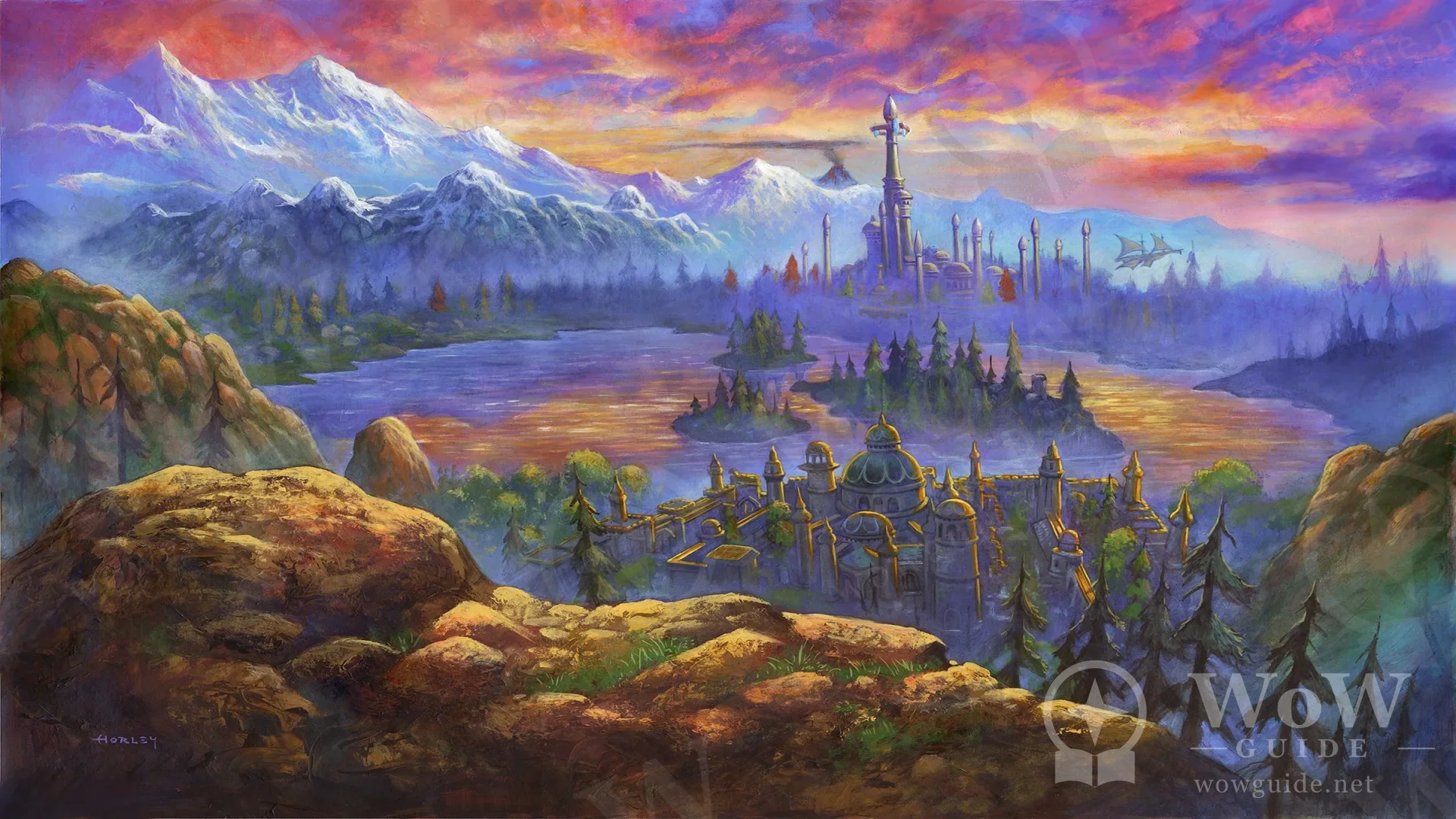 Official landscape painting with snowy mountains, a lake and a city of spires
