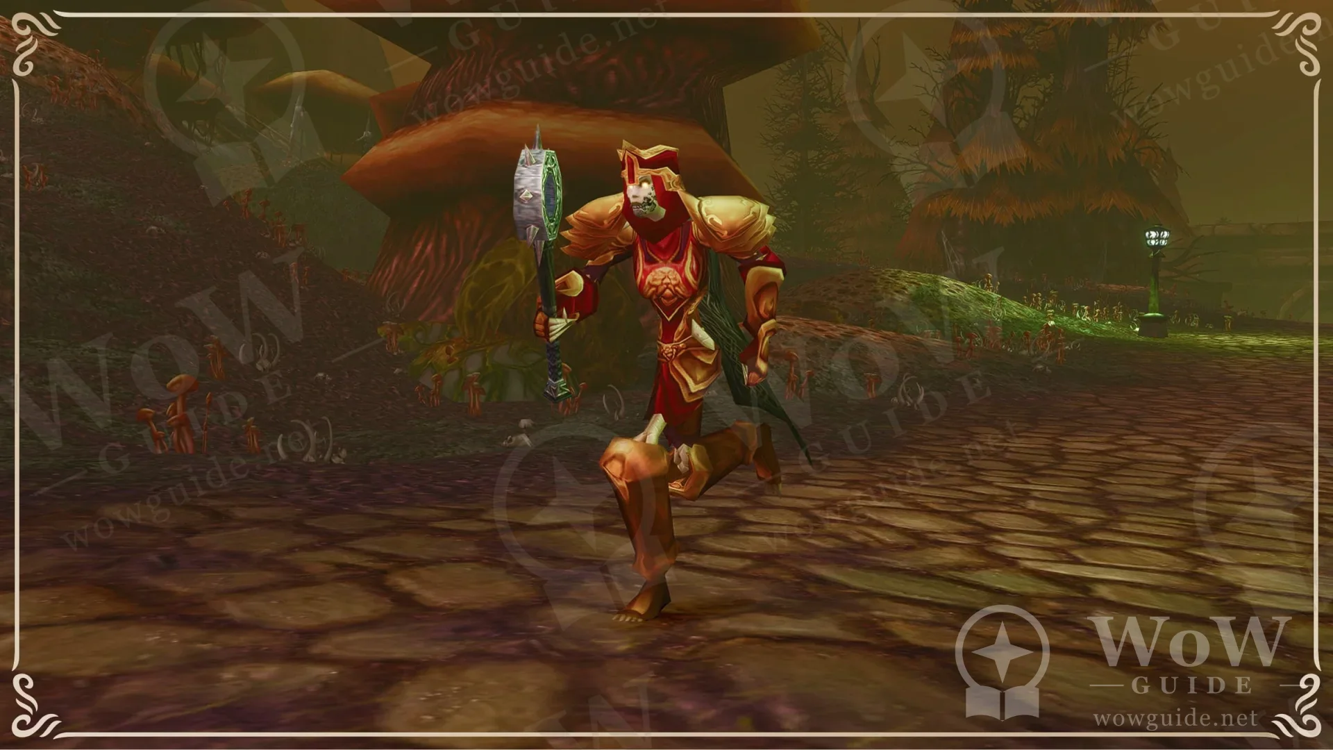 A red-armoured character with a hammer running along a cobbled path