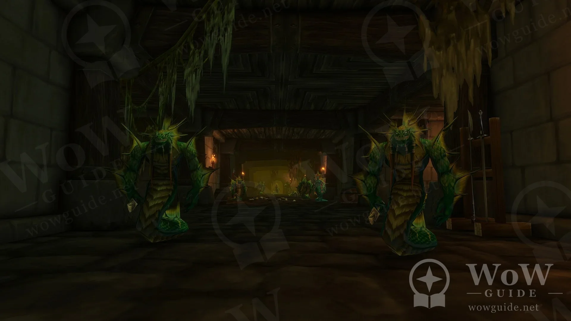 Two guardian creatures in a red-lit dungeon corridor