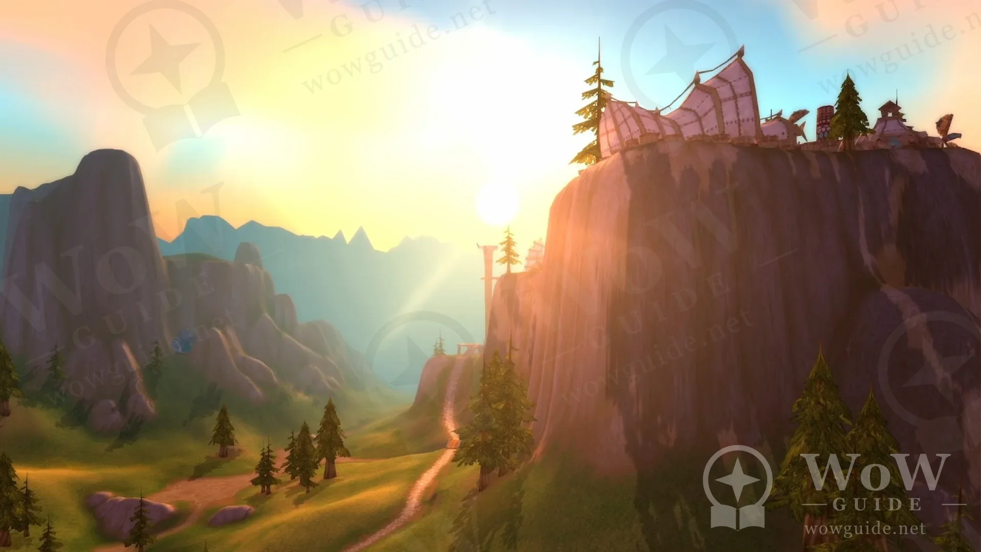 Mulgore: rocky hills at sunset and a mesa with buildings on top