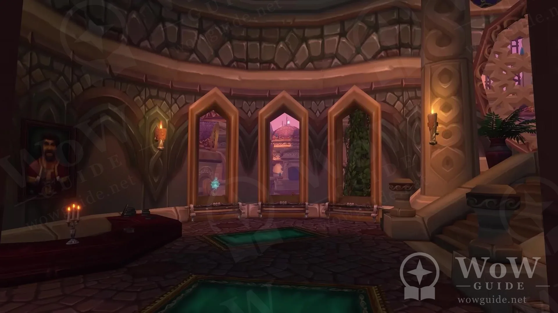 Candle-lit interior of an inn with stained glass windows and a green rug