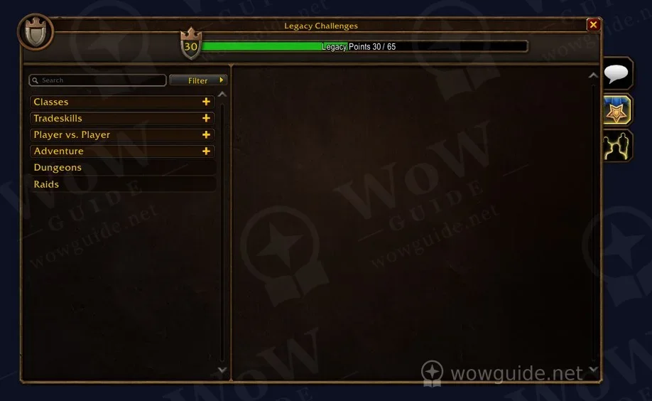 Legacy Challenges window with class, profession, PvP, adventure, dungeon and raid categories