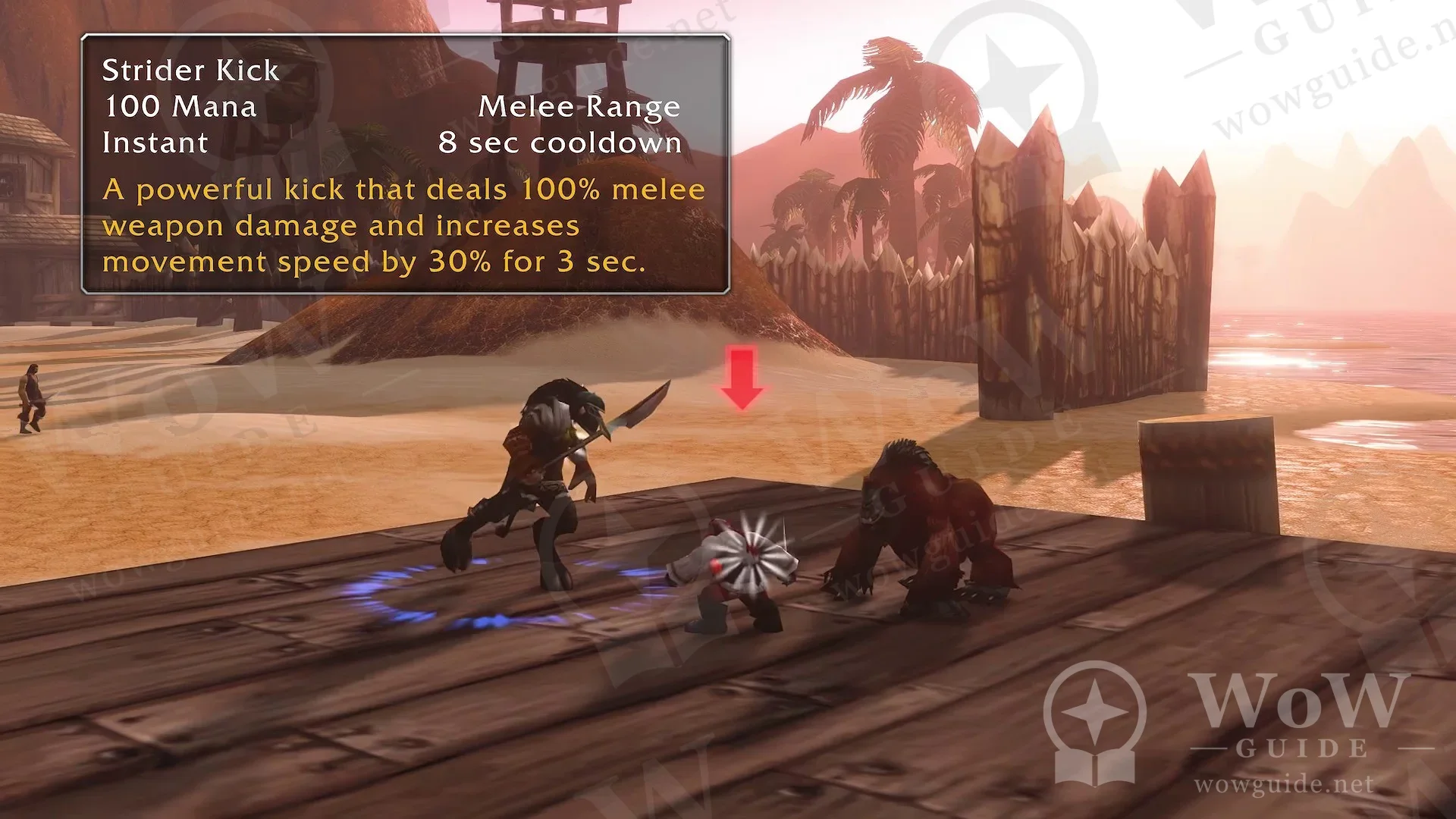Strider Kick açıklaması: 100 mana, anında, yakın menzil, 8 sn bekleme; ahşap iskelede bir Hunter bir gnome ve bir gorille dövüşüyor