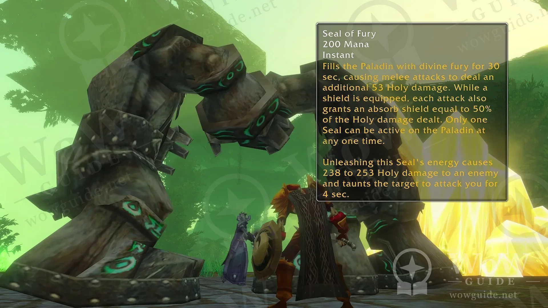 Seal of Fury tooltip: 200 mana, instant, 30 sec, extra Holy damage, absorb shields with a shield equipped, and Judgment taunts for 4 sec