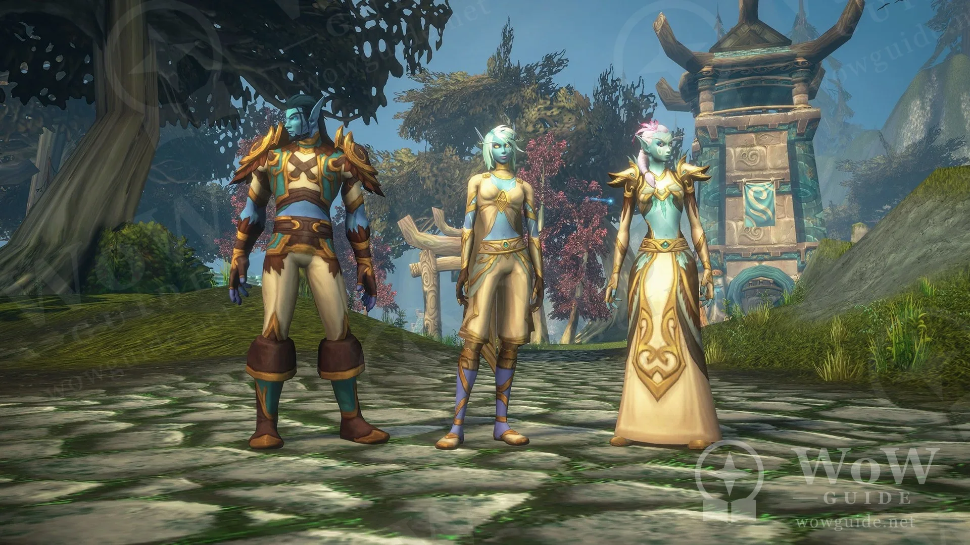 Taş kule önünde duran üç Skyborne karakter
