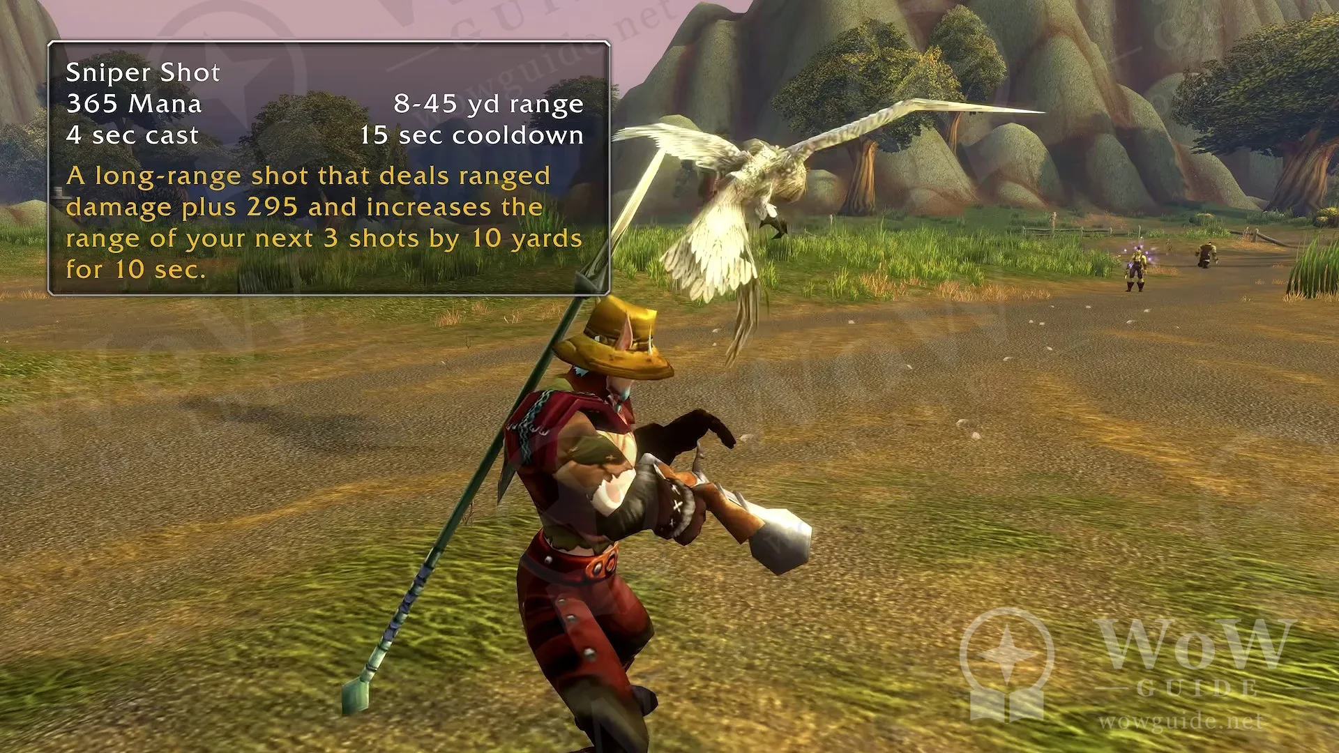 Sniper Shot açıklaması: 365 mana, 4 sn cast, 8–45 yarda menzil, 15 sn bekleme; yanında tüfekli bir Hunter