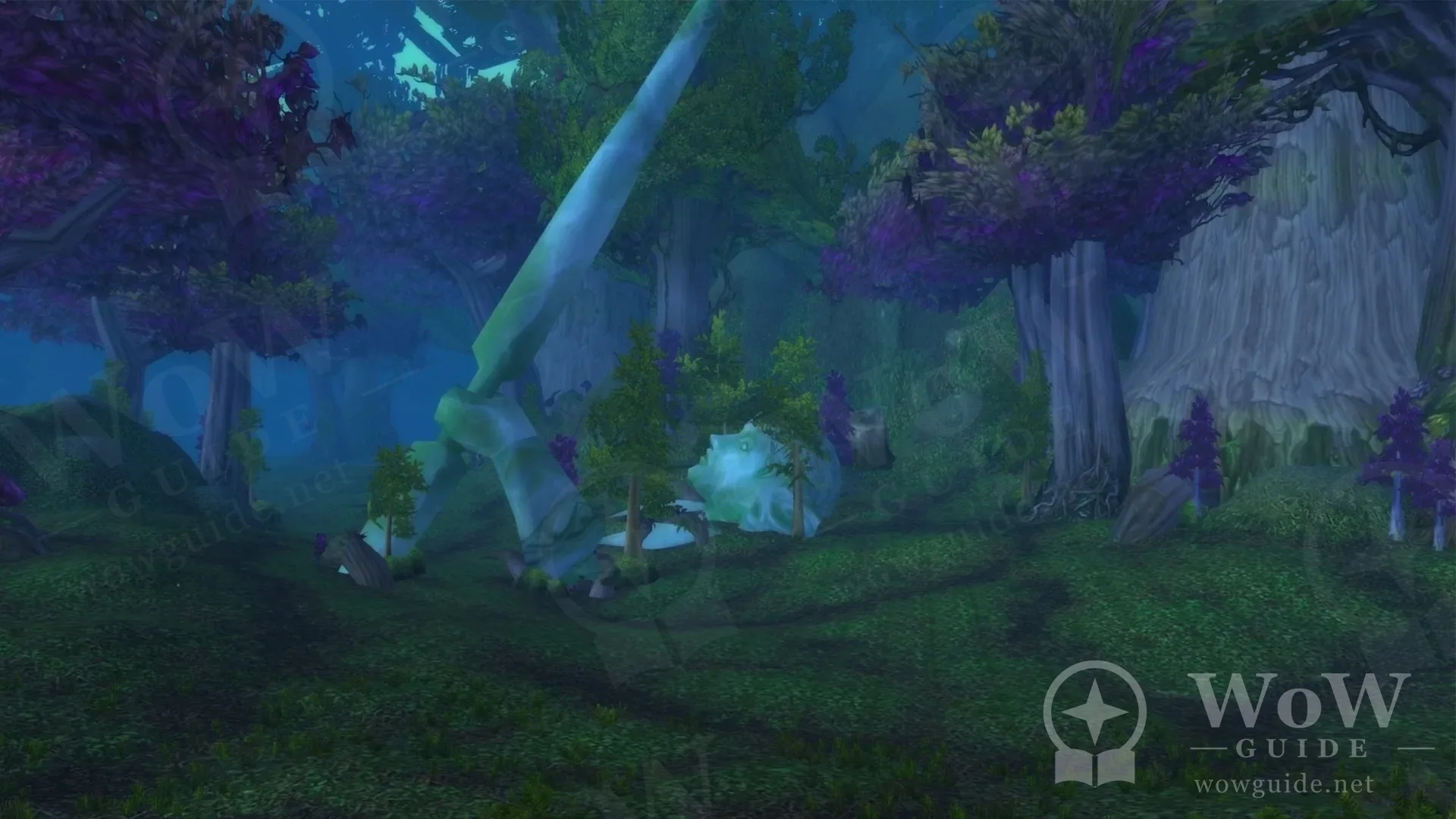 Ashenvale: dense blue and purple forest with giant tree trunks