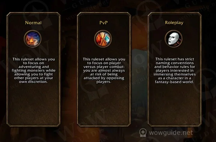 Ruleset selection cards for Normal, PvP and Roleplaying