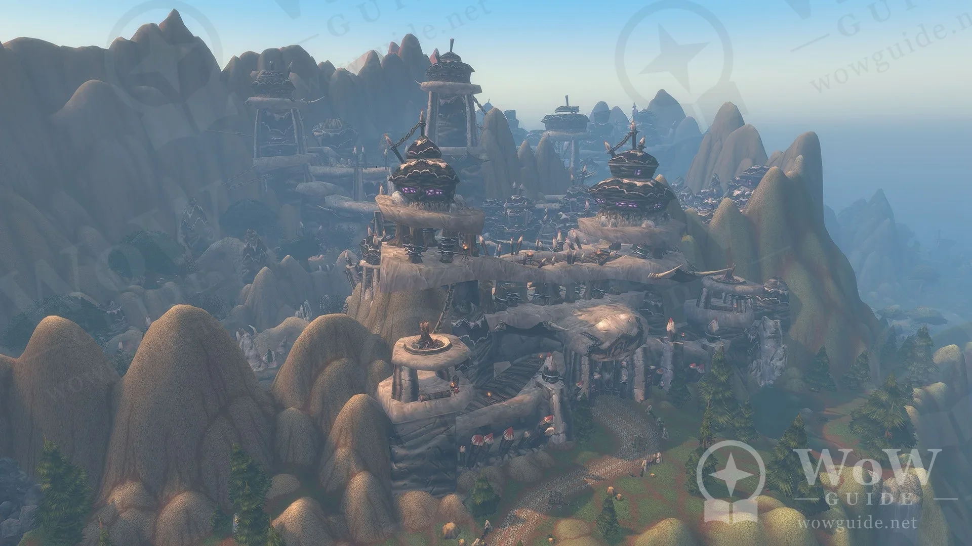 In-game shot of new dungeon structures built into rocky cliffs