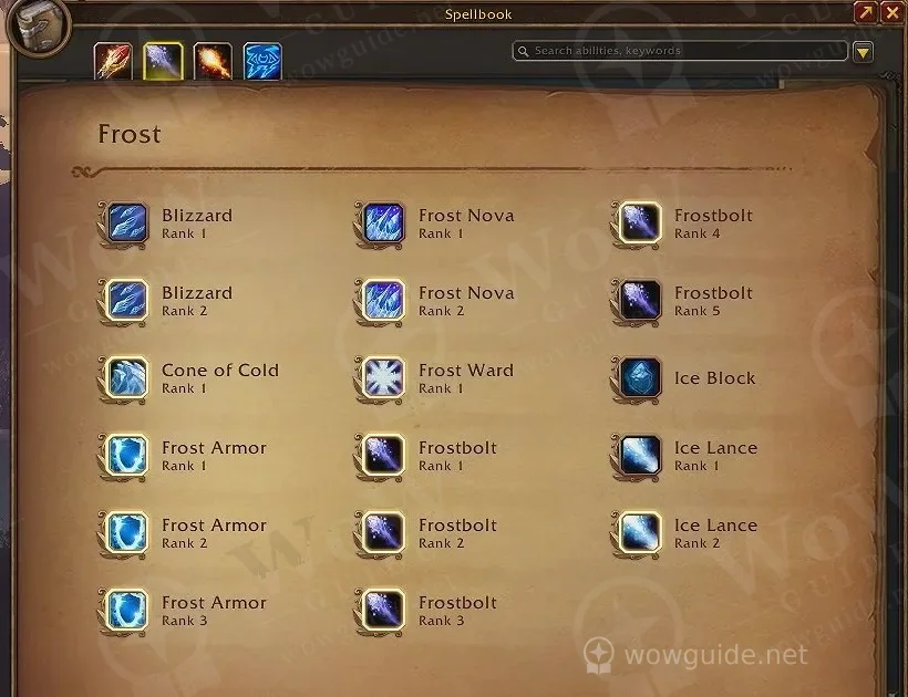 Spellbook on the Frost tab showing spells such as Blizzard, Frost Nova, Frostbolt, Cone of Cold and Frost Armor with their ranks