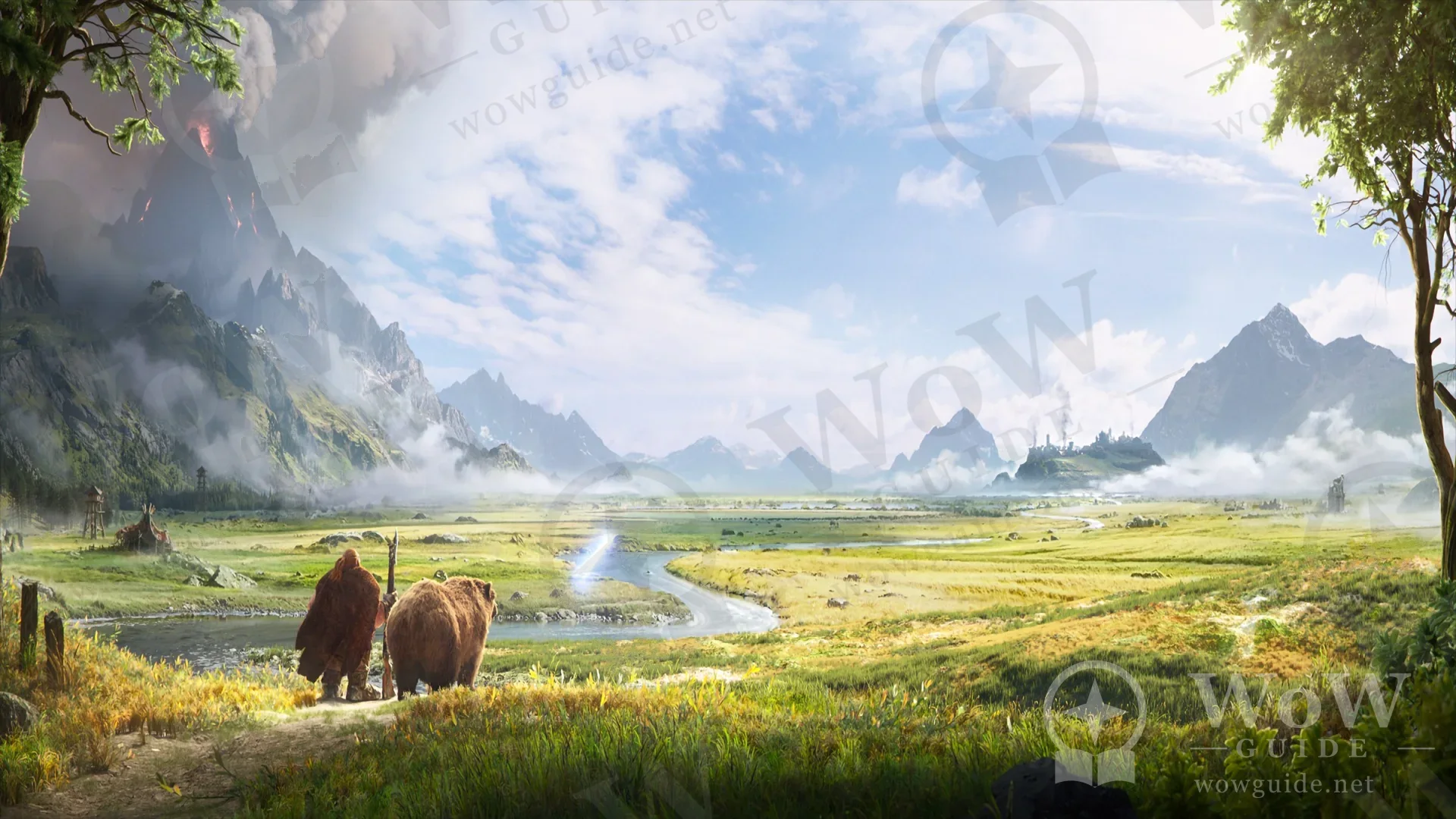 Official painting of a traveller and a bear crossing green plains toward distant mountains