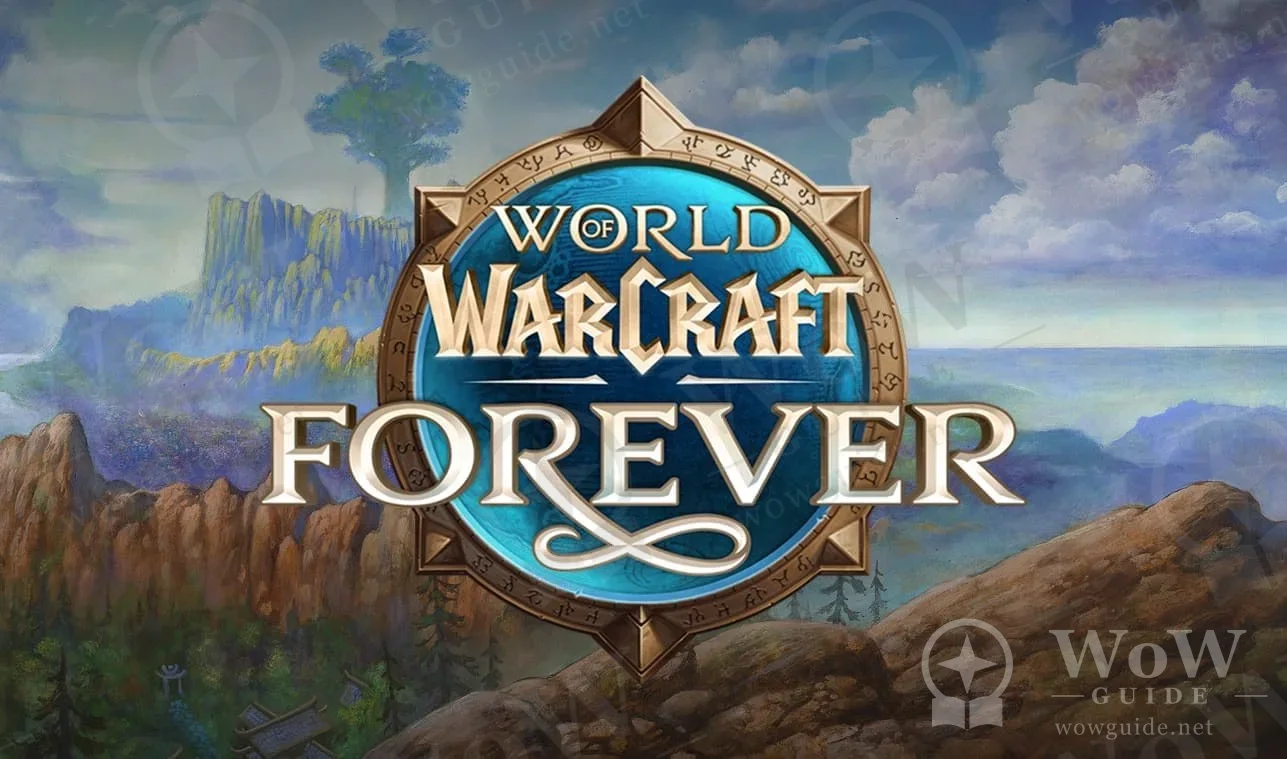 World of Warcraft: Forever logo over a painted landscape with mountains and a giant tree