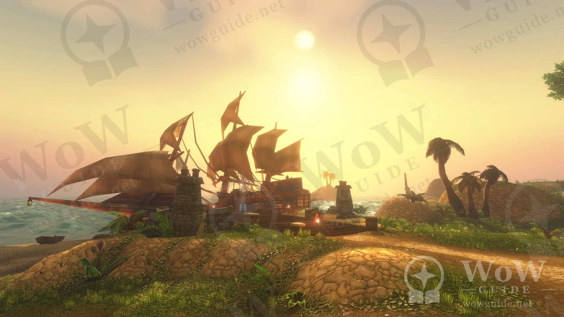 Gün batımında limandaki yelkenli gemi, Darkspear Islands görüntüsü