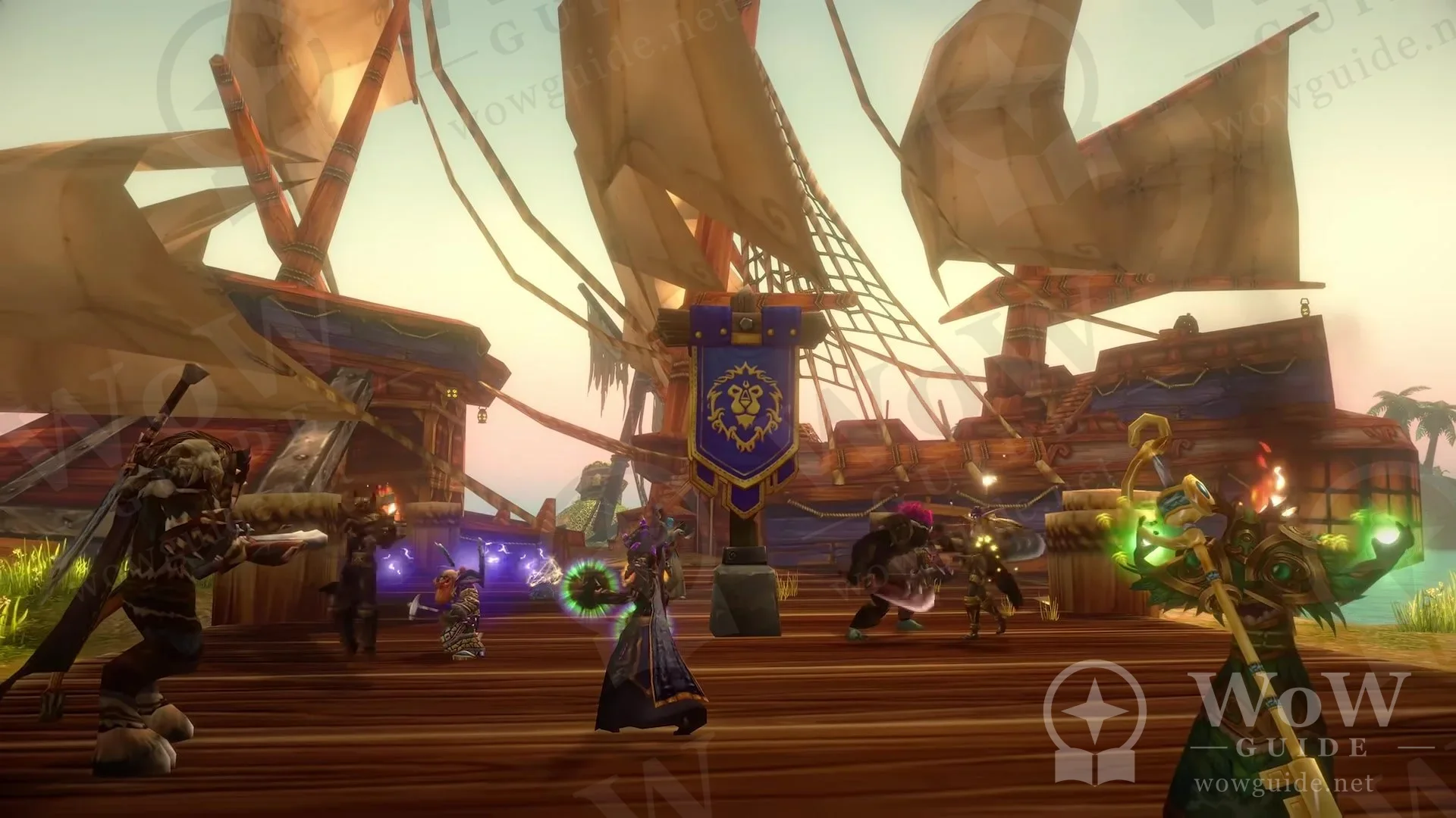 Players fighting with spells on a ship deck flying Alliance banners