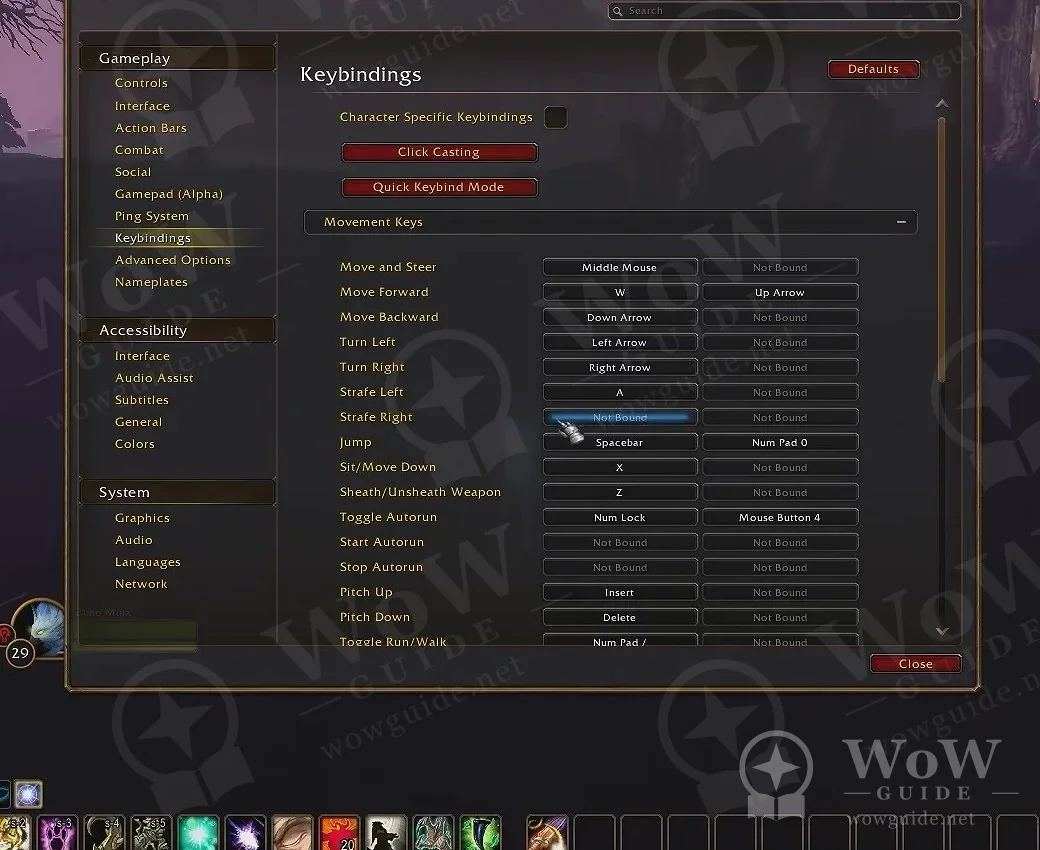 The Keybindings page in Options listing movement keys, with Click Casting and Quick Keybind Mode buttons