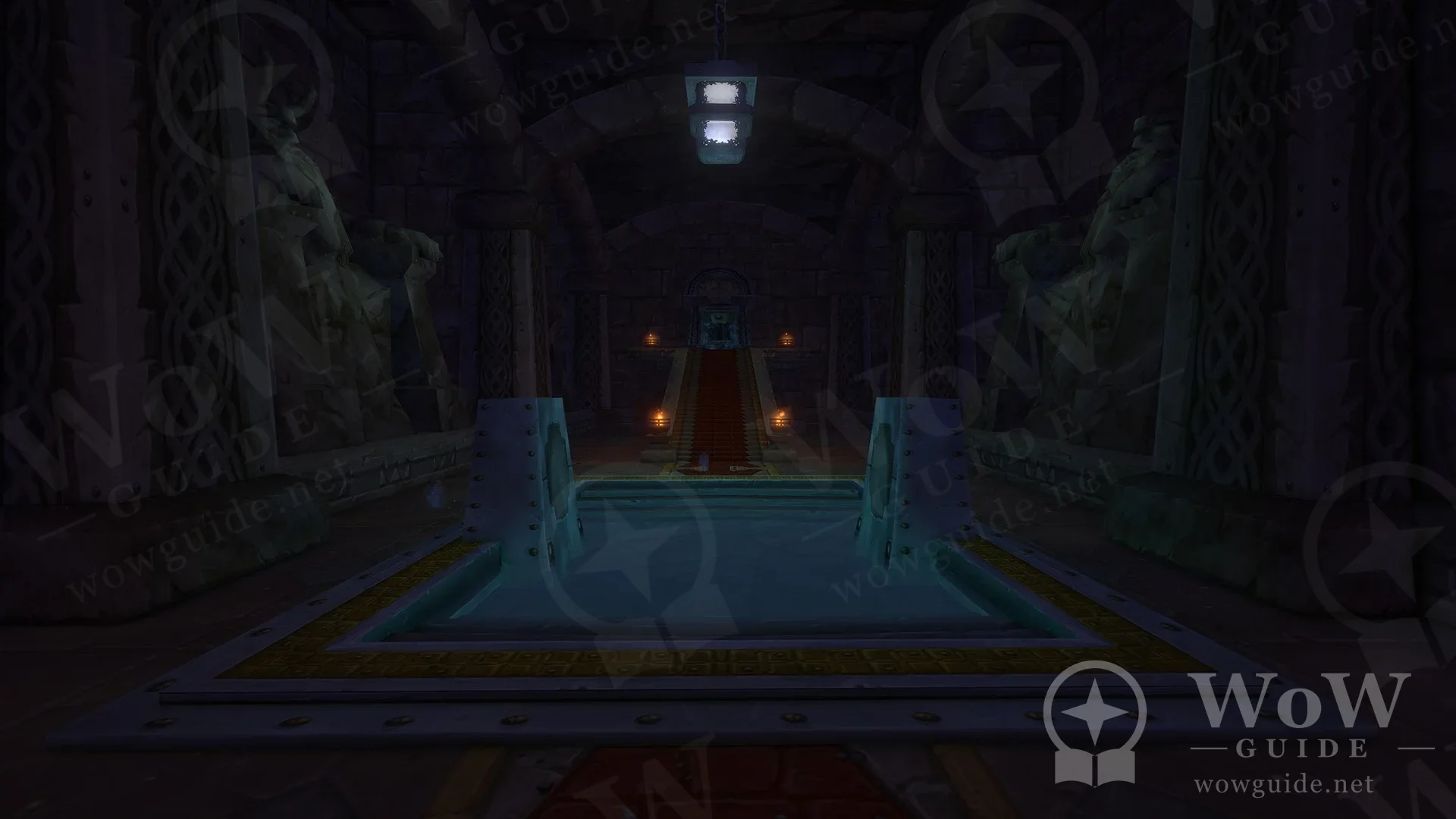 Dark stone hall with a pool inside one of the new dungeons